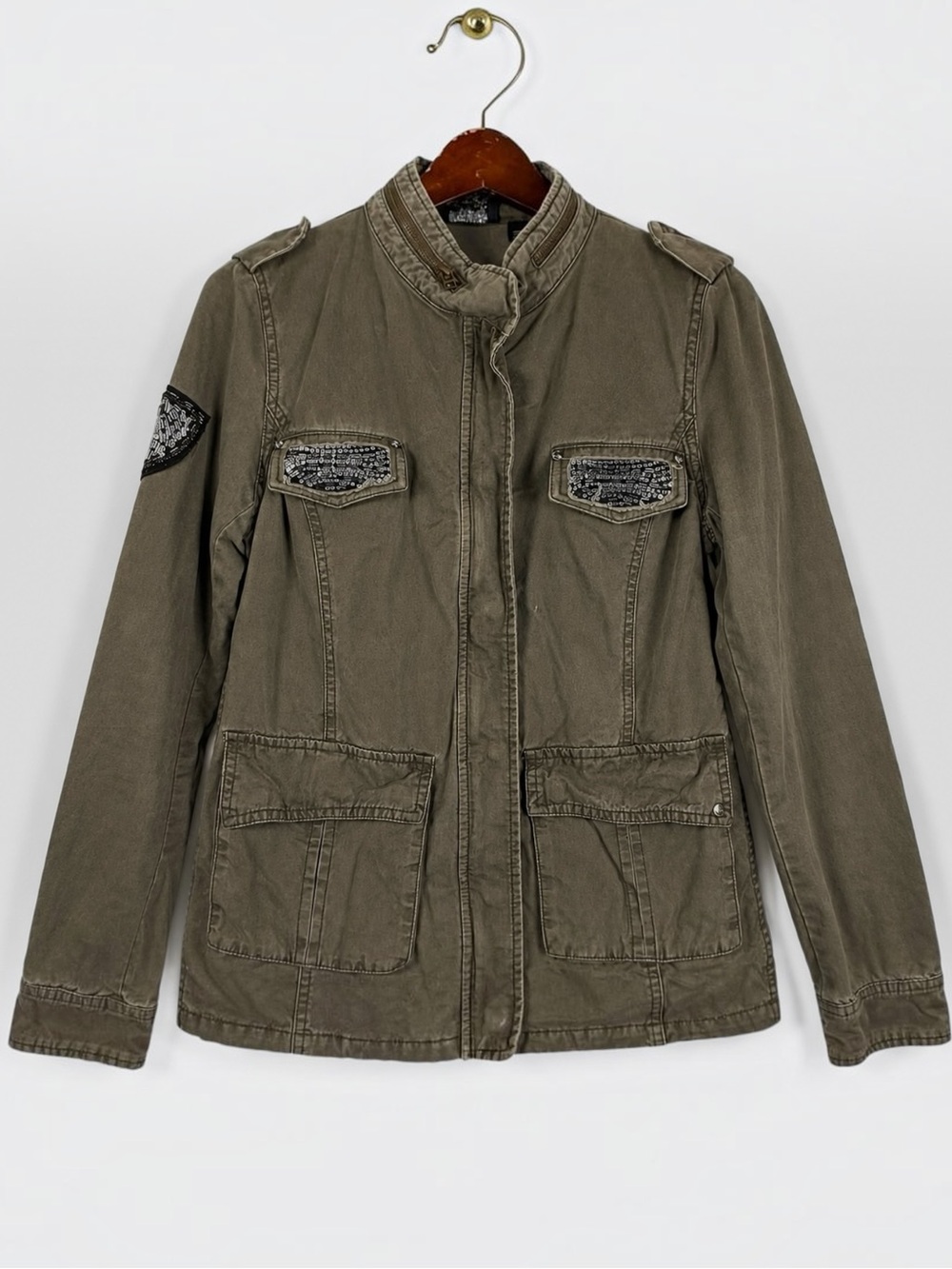 Miss Me Olive Military Utility Jacket Beaded Sequin Cotton L